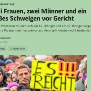 Deutsch (barrierefrei): Screenshot einer Nachrichtenmeldung von Der Standard im hellgrünen Layout. Oben steht die Rubrik „GERICHTSREPORTAGE“. Darunter die große Überschrift: „Zwei Frauen, zwei Männer und ein großes Schweigen vor Gericht“. Es folgt ein kurzer Text über zwei Gerichtsprozesse wegen Gewalt gegen Partnerinnen. Als Autor ist „Michael Möseneder“ angegeben, mit Datum „9. Juli 2026, 15:20“. Unter dem Text sind Symbole für „59 Postings“ und „Später lesen“ zu sehen. Im unteren Bildausschnitt ist eine Menschenmenge bei einer Demonstration zu erkennen. Im Vordergrund hält eine Person ein gelbes Schild mit der Aufschrift „ES!!! REICHT“. Links daneben steht eine Person mit schwarzer Mütze, auf der „POLIZEI“ steht.
